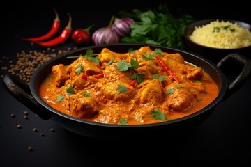 Curried chicken with spices on a dark backdrop