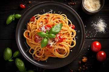 Delicious Italian spaghetti with tomato sauce Parmesan and basil on a dark table Viewed from above