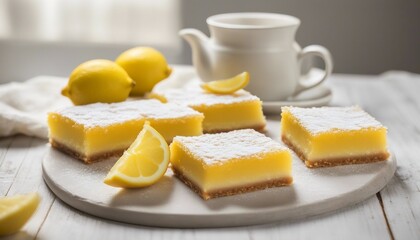Lemon cake, lemon bars on a cutting board with lemon slices and a cup of tea