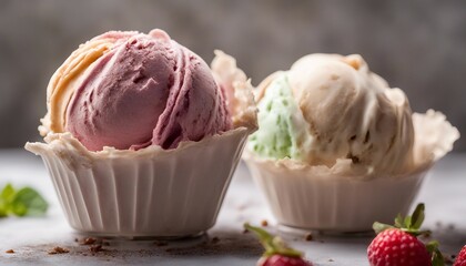Ice cream scoops in waffle bowls with fresh berries.