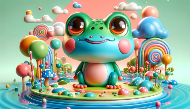 3d illustration of cute cartoon frog on the colorful background