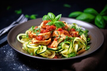 Low carb keto diet chicken pasta with healthy zucchini and tomato sauce.