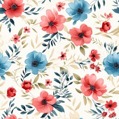 Watercolor seamless floral background with blue and red flowers