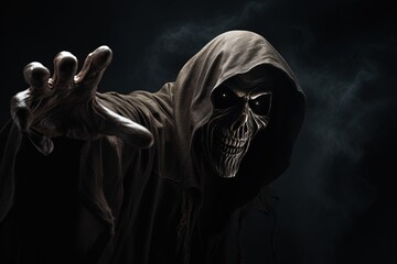 Camera pointed towards grim reaper against dark background