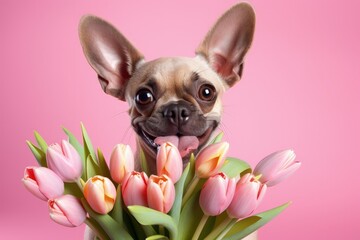 Canine with tulips in mouth pink backdrop Card for special occasions