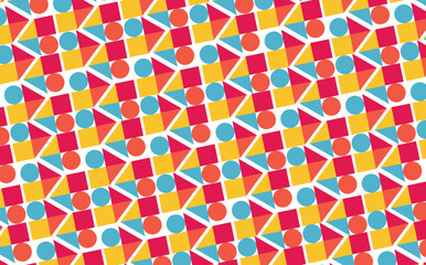 Bauhaus style tiled pattern with colorful geometric shapes. Vintage background for cover, design element, wallpaper, card, brand identity, and backdrop.