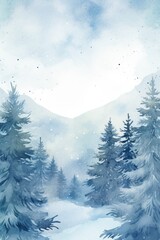 Watercolor winter background forest trees with snow