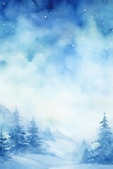 Watercolor winter background forest trees with snow