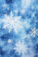Watercolor winter blue background with snowflakes
