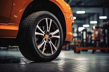 Car in a garage waiting for the mechanic to change its wheels