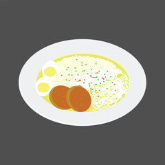 Soto Banjar vector illustration. Soto Banjar is a typical food from South Kalimantan, Indonesia. It consists of yellow soup, noodles, boiled egg, mashed potato cake, and chicken meat.