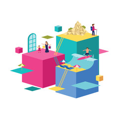 Isometric illustration of tourism consists of ocean tourism which is pictured by a man surfing on the beach, shopping tourism with a woman carrying bags along with her child, and a mountain hiker.