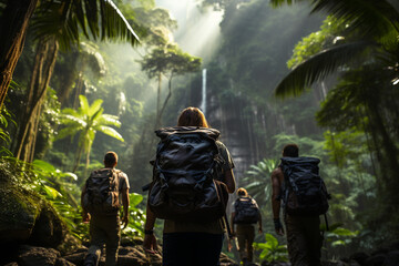 A group of backpackers navigating a lush tropical jungle, with sunlight filtering through dense foliage, creating a magical atmosphere as they discover hidden waterfalls and vibran - obrazy, fototapety, plakaty