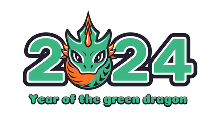 Stylized inscription 2024, where instead of zero there is the head of a cute small dragon. 2024 lettering. Year of the green dragon. Vector illustration