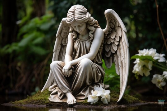 Cemetery headstone bearing angel statue for remembrance and sorrow