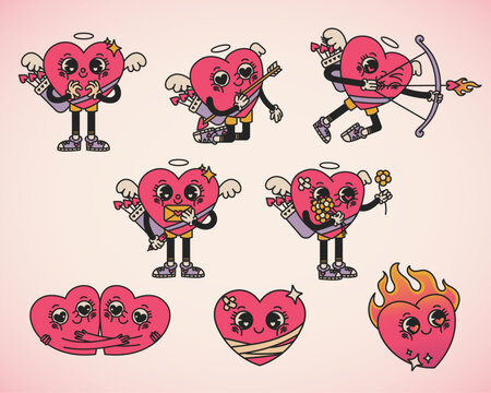 set de ilustraciones para san Valentín, personaje retro cartoon de corazón o cupido