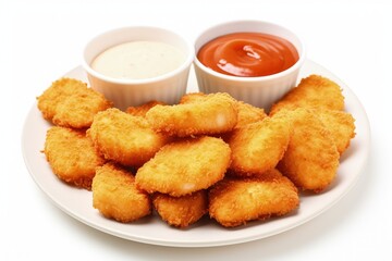 Chicken nuggets and sauce on white background