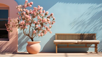 flowering tree in front of blue wall with bench - obrazy, fototapety, plakaty