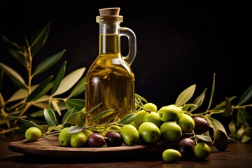 Close up of fresh olives in a bottle of healthy extra virgin olive oil