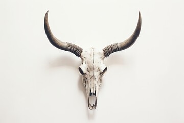 Cow skull with horns displayed on a white wall