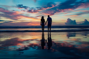 Fototapeta premium Horizon Aflame - Couple Holding Hands at Sunset Beach