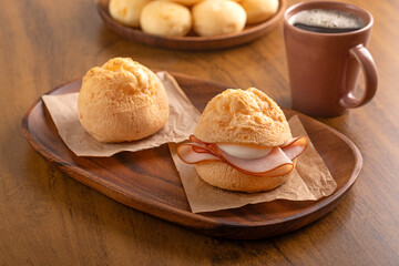 Cheese bread sandwich. Turkey slice and requeijão (Brazilian cream cheese). Brazilian snack. Breakfast.