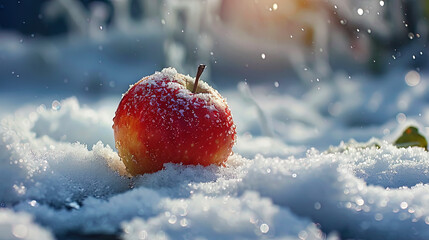 An apple in a snow desert, creating a contrast of freshness and purity against a background of whi