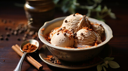 chai spice ice cream at a cozy book cafe warm with warm with chai spices on wooden table - obrazy, fototapety, plakaty