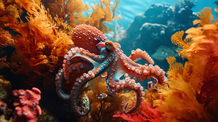 A bright octopus floating surrounded by bright corals, like a magnet for attention in the underwat - obrazy, fototapety, plakaty