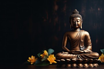 Dark background with space for copy depicting a meditating Buddha statue