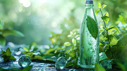 A refreshing bottle of water, with the addition of mint leaves, creates a feeling of lightness and