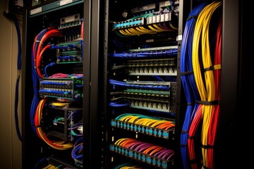 Ethernet cables and patch panel stored in a rack cabinet