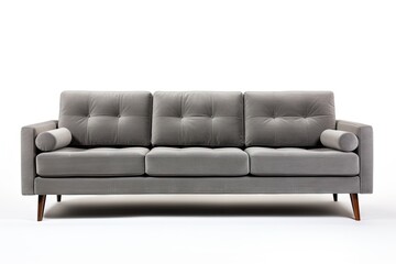 Grey modern sofa isolated on white background photographed in a studio setting