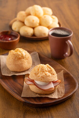Cheese bread sandwich. Turkey slice and requeijão (Brazilian cream cheese). Brazilian snack. Breakfast.
