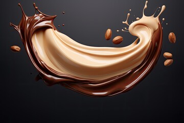 Hazelnut flavored melted chocolate in creamy backdrop packaged horizontally ready for design Delicious - obrazy, fototapety, plakaty