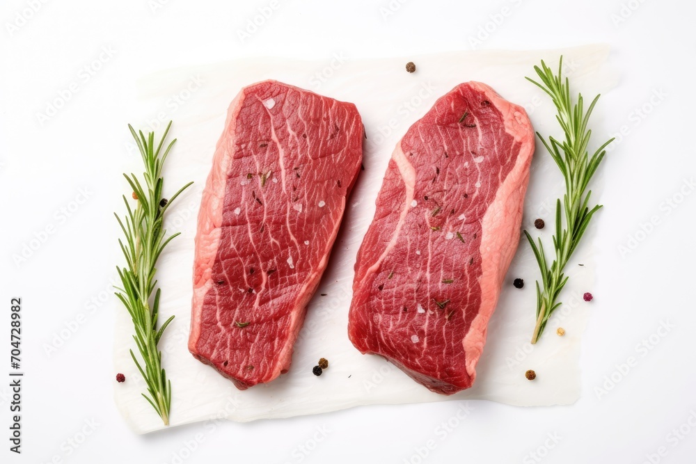 Sticker Top view of two marbled beef striploin steaks, grilled and spiced, isolated on a white background.