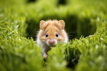 Curious little mouse in a maze sitting on green grass.