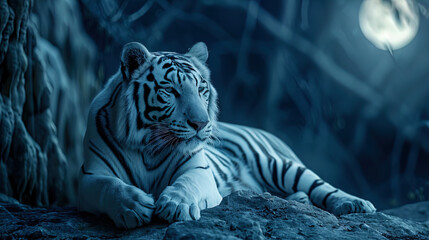 On the frame is a beautiful white tiger, illuminated by the soft light of the moon, creates a pict - obrazy, fototapety, plakaty