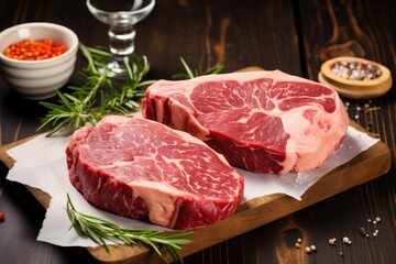 Fototapeta premium Two boneless ribeye steaks freshly cut on a table for butchering.