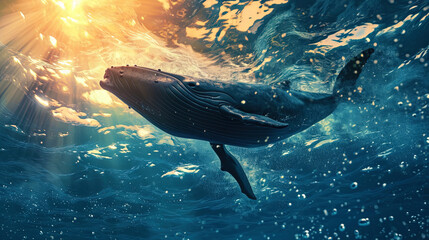 The image of a whale surrounded by a veil of water spray and the brilliance of the sun creates the - obrazy, fototapety, plakaty