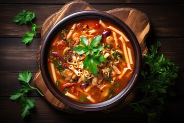 Italian vegetable soup with pasta on table Top view - obrazy, fototapety, plakaty