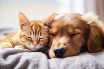 Kittens and puppies napping together cared for with love and friendship in a domestic environment with home pets
