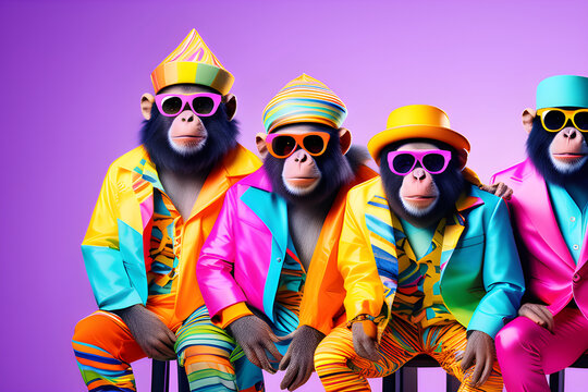 Creative animal concept advertising by vibrant monkey fashion group - birthday party invite banne with solid background, bright and colorful costumes, text space generative ai
