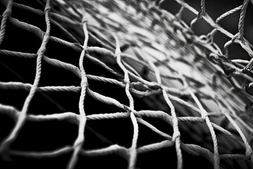 Close-up photograph of lacrosse goal net in monochrome.