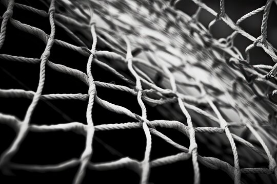 Close-up photograph of lacrosse goal net in monochrome.