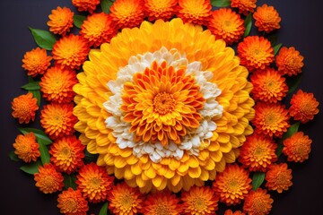 Indian festival flower decoration for Diwali featuring Marigold flower rangoli design.