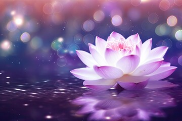 White, purple, and sparkling lights on a lotus background.