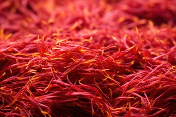 Naklejka premium Close-up of red saffron threads. Full frame gold saffron background. Vibrant red saffron wallpaper. Traditional Indian spice. Fine dining concept. Aromatherapy and homeopathy. Long red spice.