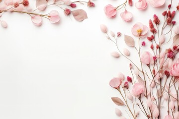 Pale pink dry flowers and eucalyptus branches on a white background arranged in a pattern Flat lay top view square shape with some empty space for adding inform - obrazy, fototapety, plakaty