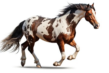Obraz na płótnie Canvas Piebald horse gallops alone on white background